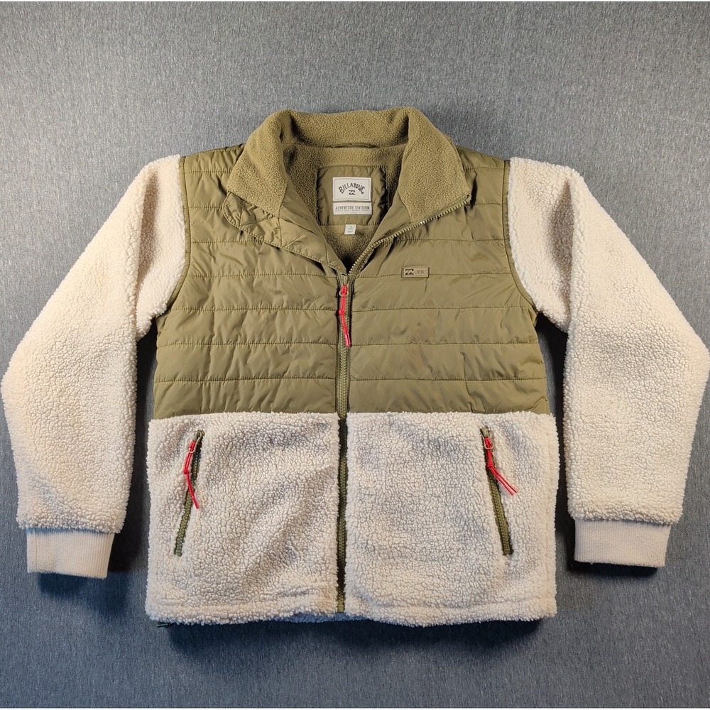 BILLABONG Sherpa Fleece Hybrid Jacket Coat Sz Sm Boho Preppy Cream Olive Puffer